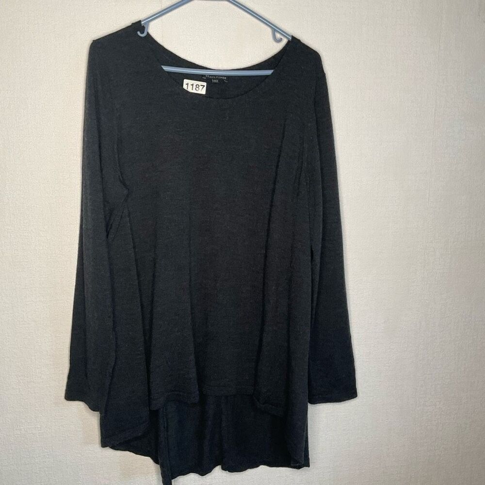 Eileen Fisher Tunic Womens Large Heather Grey HighLow Hem Wool Sweater Pullover‎